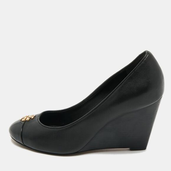 Tory Burch Amanda Size 35.5 Black Leather And Patent Leather Wedge Pumps